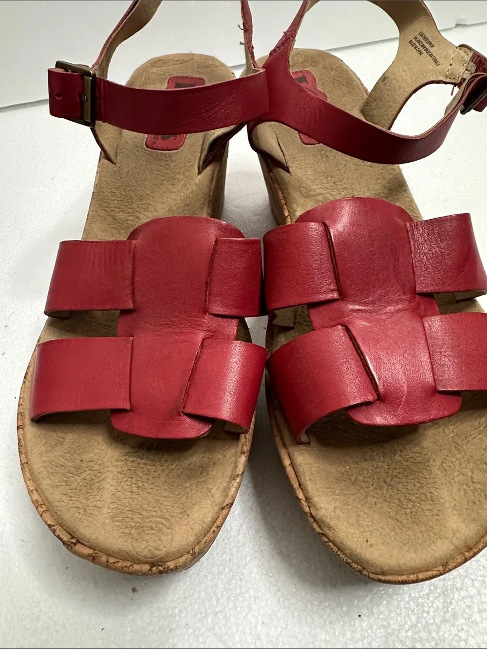Kork-Ease Della Red Leather cork wedge Ankle-Strap Sandals with Buckle size 11